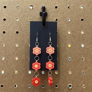 Coral/Red Flower Dangled Perler Bead Earrings